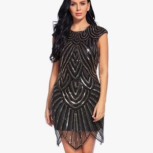1920s Great Gatsby Sequin Embellished Mesh Lapel Dress Large